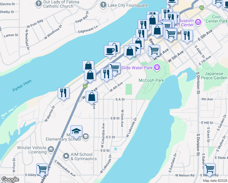 map of restaurants, bars, coffee shops, grocery stores, and more near 803 South A Street in Moses Lake