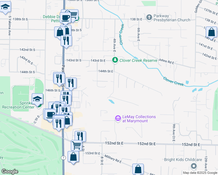 map of restaurants, bars, coffee shops, grocery stores, and more near 222 145th Street Court East in Tacoma