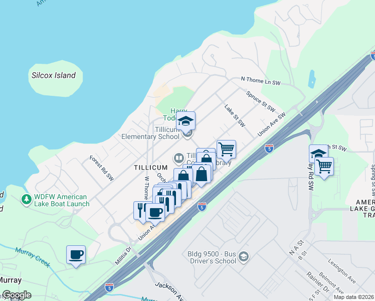 map of restaurants, bars, coffee shops, grocery stores, and more near 14821-1/2 Washington Avenue Southwest in Lakewood