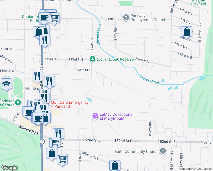 map of restaurants, bars, coffee shops, grocery stores, and more near 14522 5th Avenue East in Tacoma