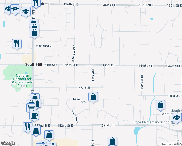 map of restaurants, bars, coffee shops, grocery stores, and more near 14520 110th Avenue East in Puyallup