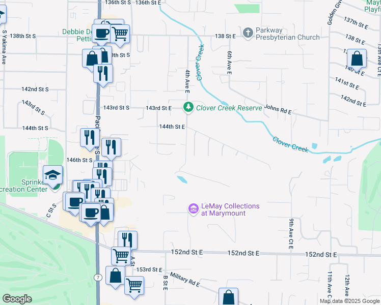 map of restaurants, bars, coffee shops, grocery stores, and more near 14601 4th Avenue East in Parkland
