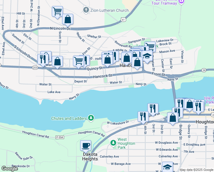 map of restaurants, bars, coffee shops, grocery stores, and more near 332 Navy Street in Hancock