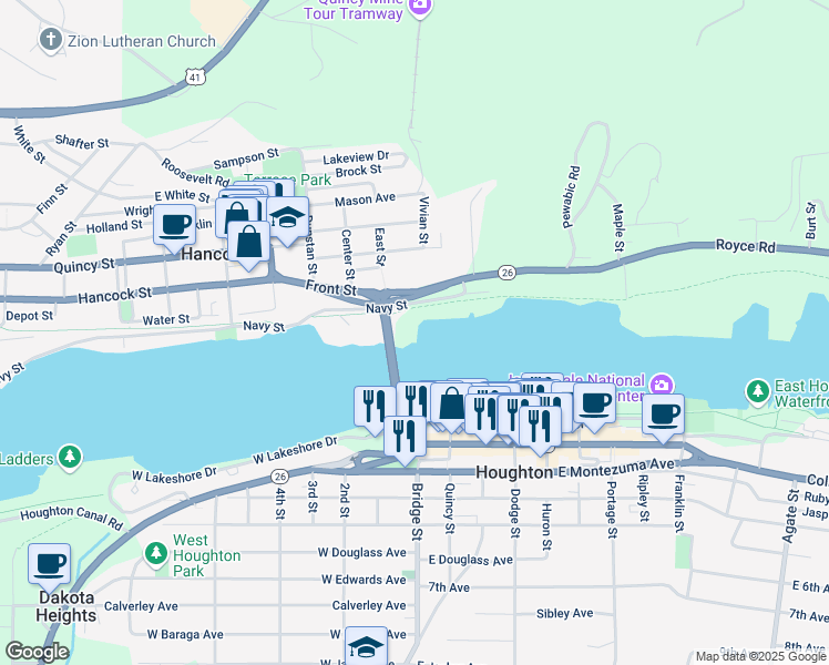 map of restaurants, bars, coffee shops, grocery stores, and more near Lake Front Road in Hancock