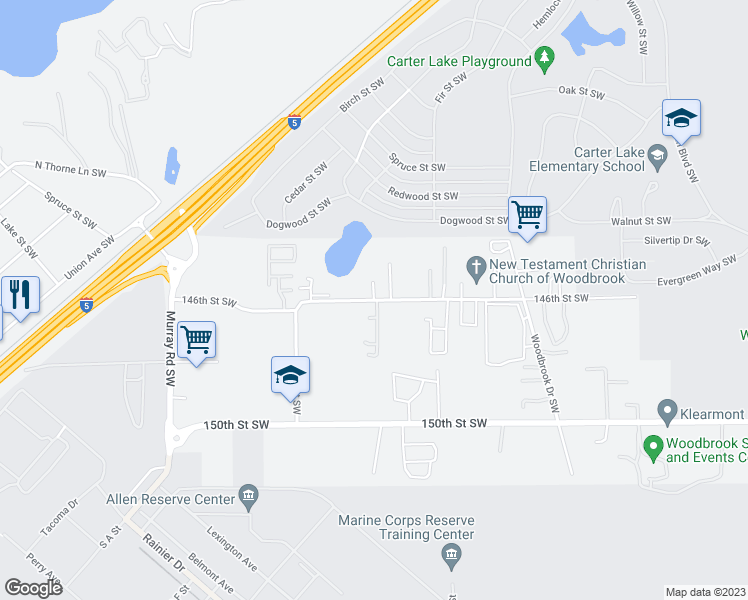 map of restaurants, bars, coffee shops, grocery stores, and more near 7323 146th Street Southwest in Lakewood