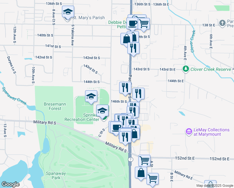 map of restaurants, bars, coffee shops, grocery stores, and more near 14416 Pacific Avenue South in Parkland