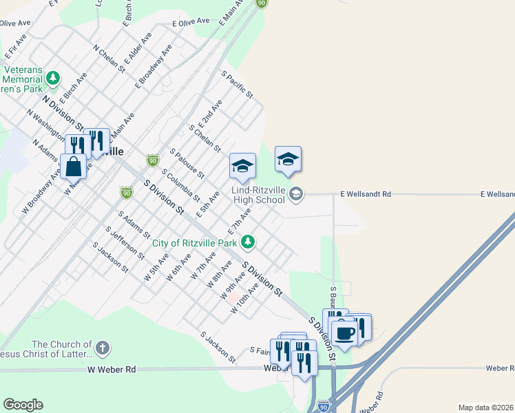 map of restaurants, bars, coffee shops, grocery stores, and more near 307 East 7th Avenue in Ritzville