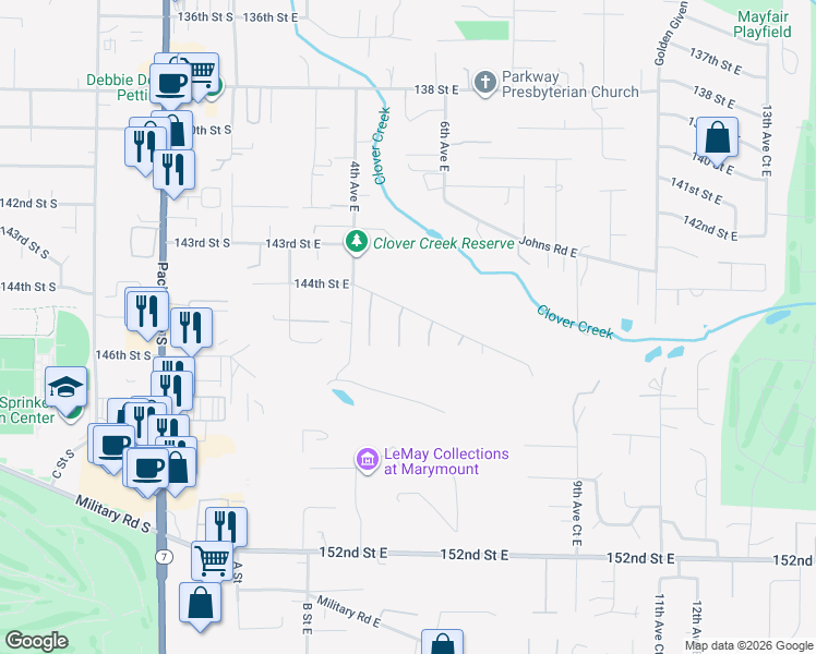 map of restaurants, bars, coffee shops, grocery stores, and more near 14414 5th Avenue East in Tacoma