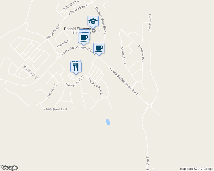 map of restaurants, bars, coffee shops, grocery stores, and more near 192nd Avenue Court East in Bonney Lake