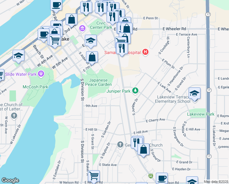 map of restaurants, bars, coffee shops, grocery stores, and more near 905 East Olive Avenue in Moses Lake