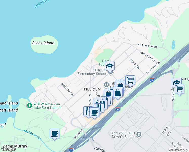 map of restaurants, bars, coffee shops, grocery stores, and more near 8813 Commercial Street Southwest in Lakewood
