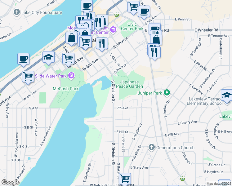 map of restaurants, bars, coffee shops, grocery stores, and more near 809 South Division Street in Moses Lake