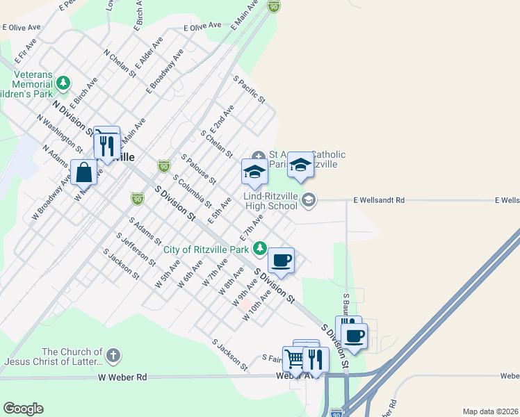 map of restaurants, bars, coffee shops, grocery stores, and more near 307 East 7th Avenue in Ritzville