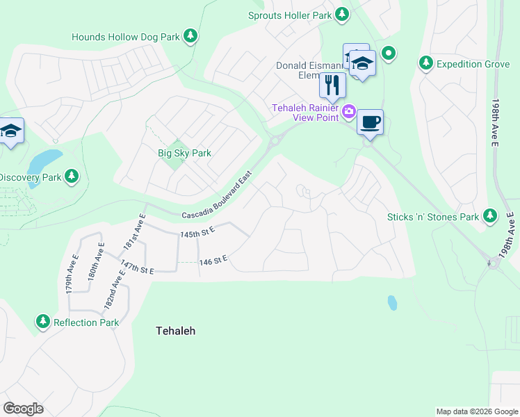 map of restaurants, bars, coffee shops, grocery stores, and more near 14210 188th Avenue East in Bonney Lake