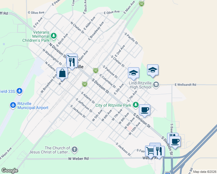 map of restaurants, bars, coffee shops, grocery stores, and more near in Ritzville