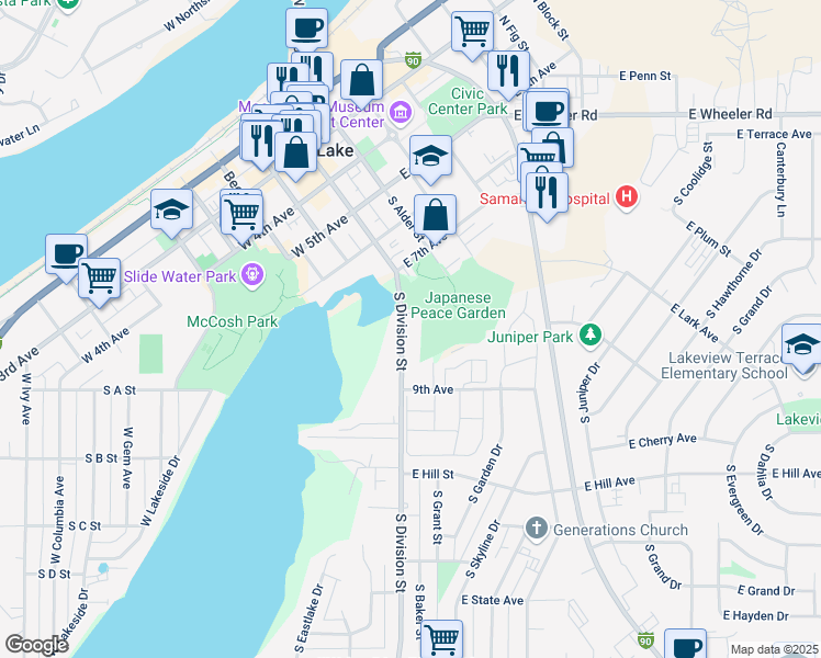 map of restaurants, bars, coffee shops, grocery stores, and more near 809 South Division Street in Moses Lake