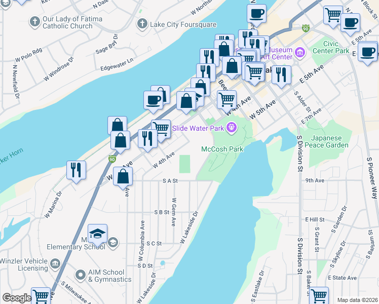 map of restaurants, bars, coffee shops, grocery stores, and more near 517 West 3rd Avenue in Moses Lake