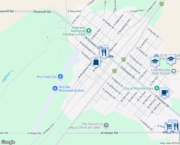 map of restaurants, bars, coffee shops, grocery stores, and more near 404 West Main Avenue in Ritzville