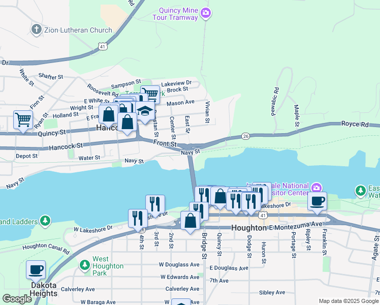 map of restaurants, bars, coffee shops, grocery stores, and more near Lake Front Road in Hancock