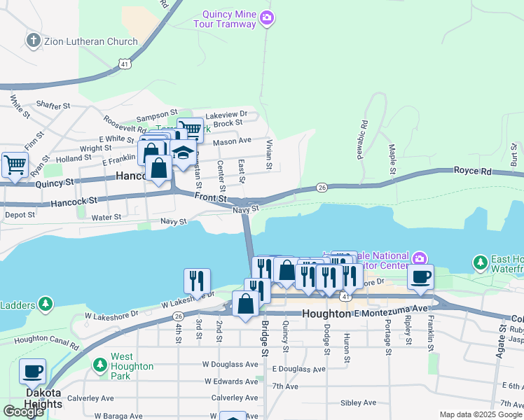 map of restaurants, bars, coffee shops, grocery stores, and more near Hancock - Lake Linden Trail in Hancock