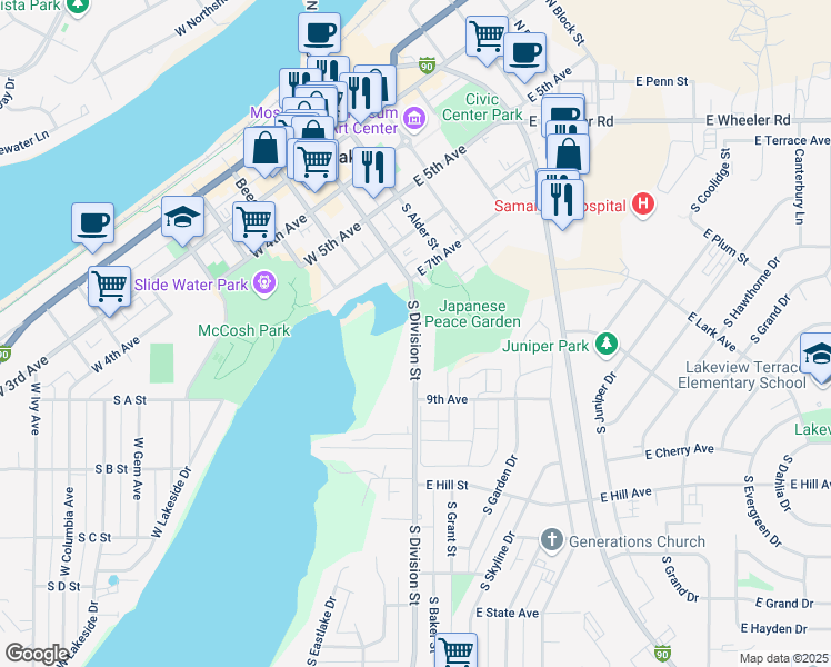 map of restaurants, bars, coffee shops, grocery stores, and more near 809 S Division St in Moses Lake