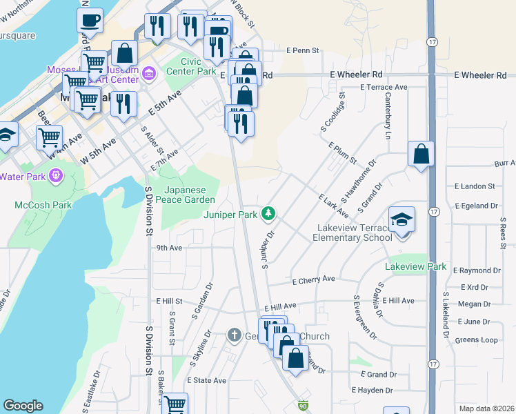 map of restaurants, bars, coffee shops, grocery stores, and more near 905 East Olive Avenue in Moses Lake