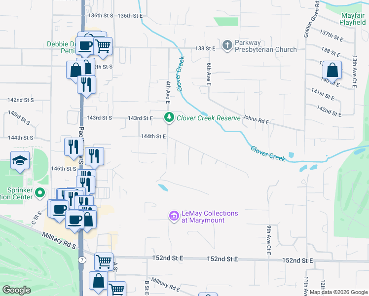 map of restaurants, bars, coffee shops, grocery stores, and more near 14414 5th Avenue East in Tacoma