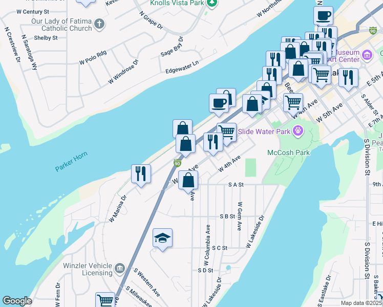 map of restaurants, bars, coffee shops, grocery stores, and more near 925 West Broadway Avenue in Moses Lake