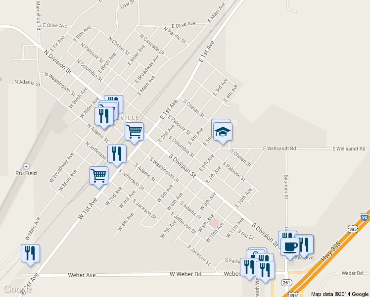 map of restaurants, bars, coffee shops, grocery stores, and more near 202 E 4th Ave in Ritzville