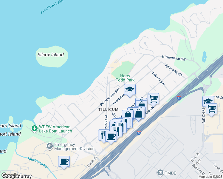 map of restaurants, bars, coffee shops, grocery stores, and more near 8813 Commercial Street Southwest in Lakewood