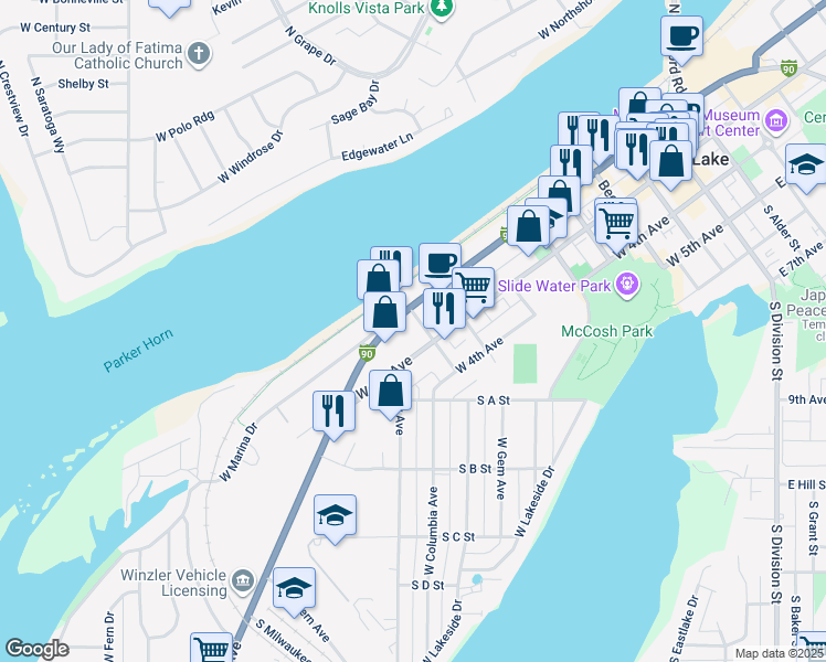 map of restaurants, bars, coffee shops, grocery stores, and more near 925 West Broadway Avenue in Moses Lake