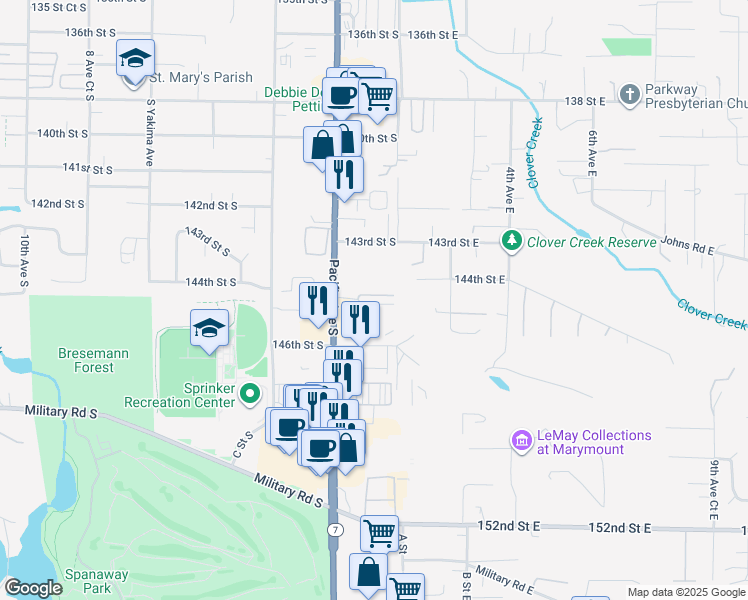 map of restaurants, bars, coffee shops, grocery stores, and more near 14411 Pacific Avenue South in Tacoma