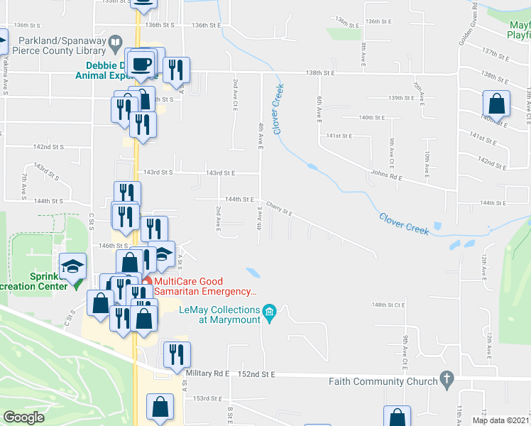 map of restaurants, bars, coffee shops, grocery stores, and more near 14410 4th Avenue Court East in Tacoma