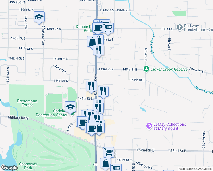map of restaurants, bars, coffee shops, grocery stores, and more near 14411 Pacific Avenue South in Tacoma