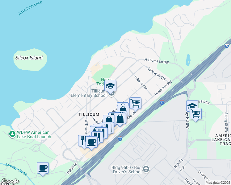 map of restaurants, bars, coffee shops, grocery stores, and more near 8515 Maple Street Southwest in Tacoma