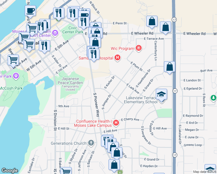 map of restaurants, bars, coffee shops, grocery stores, and more near 831 South Kiefer Drive in Moses Lake