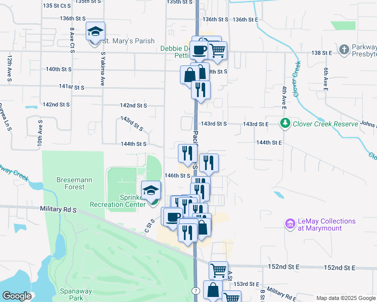 map of restaurants, bars, coffee shops, grocery stores, and more near 14416 Pacific Avenue South in Parkland
