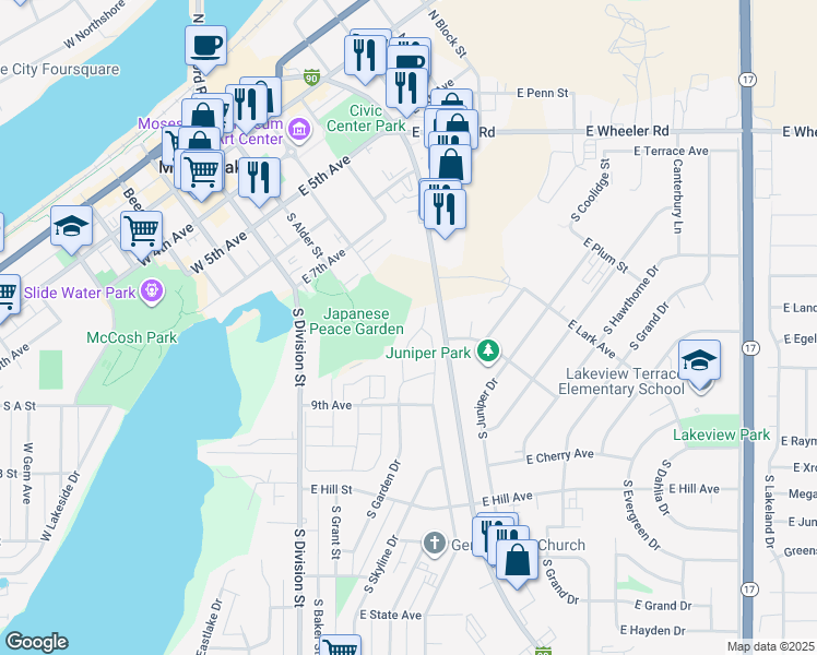map of restaurants, bars, coffee shops, grocery stores, and more near 300 9th Avenue in Moses Lake