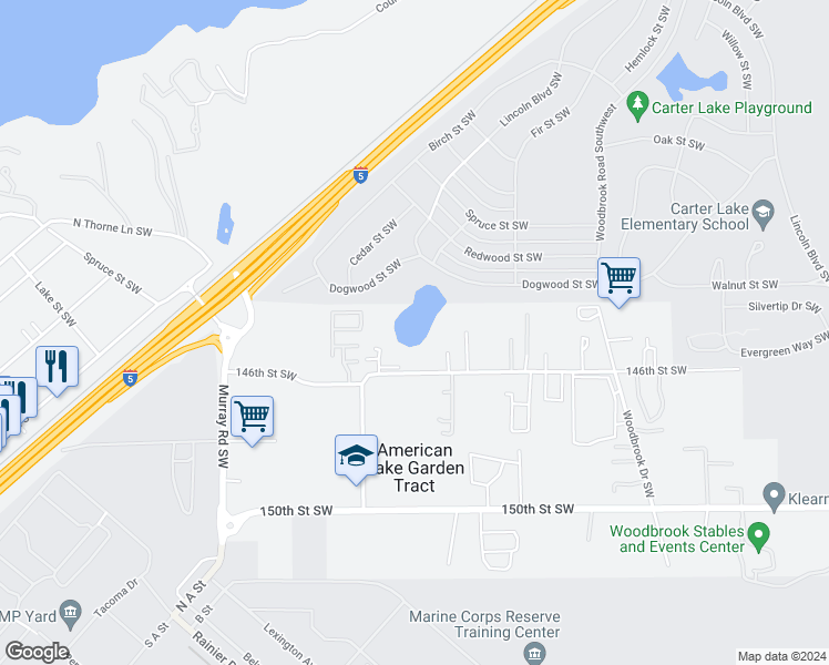 map of restaurants, bars, coffee shops, grocery stores, and more near 7325 146th Street Southwest in Lakewood