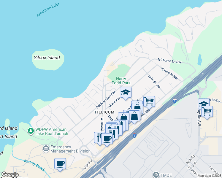 map of restaurants, bars, coffee shops, grocery stores, and more near 8813 Commercial Street Southwest in Lakewood