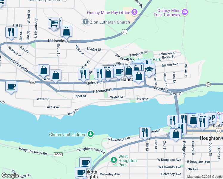 map of restaurants, bars, coffee shops, grocery stores, and more near North Montezuma Boulevard in Hancock