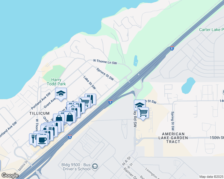 map of restaurants, bars, coffee shops, grocery stores, and more near 14431 Union Avenue Southwest in Lakewood
