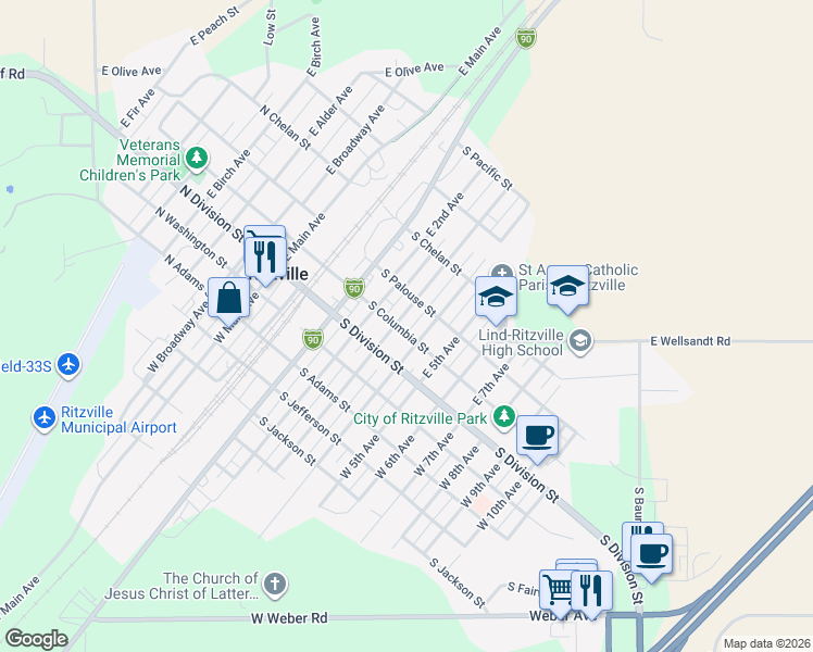 map of restaurants, bars, coffee shops, grocery stores, and more near in Ritzville