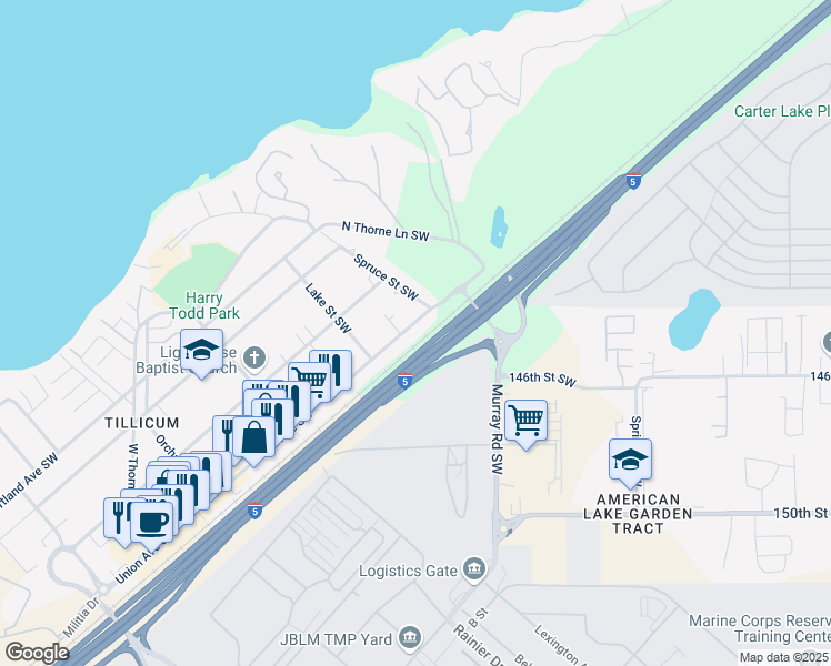 map of restaurants, bars, coffee shops, grocery stores, and more near 14417 Union Avenue Southwest in Lakewood