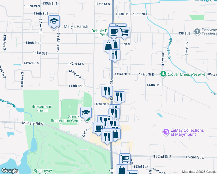 map of restaurants, bars, coffee shops, grocery stores, and more near 14416 Pacific Avenue South in Parkland