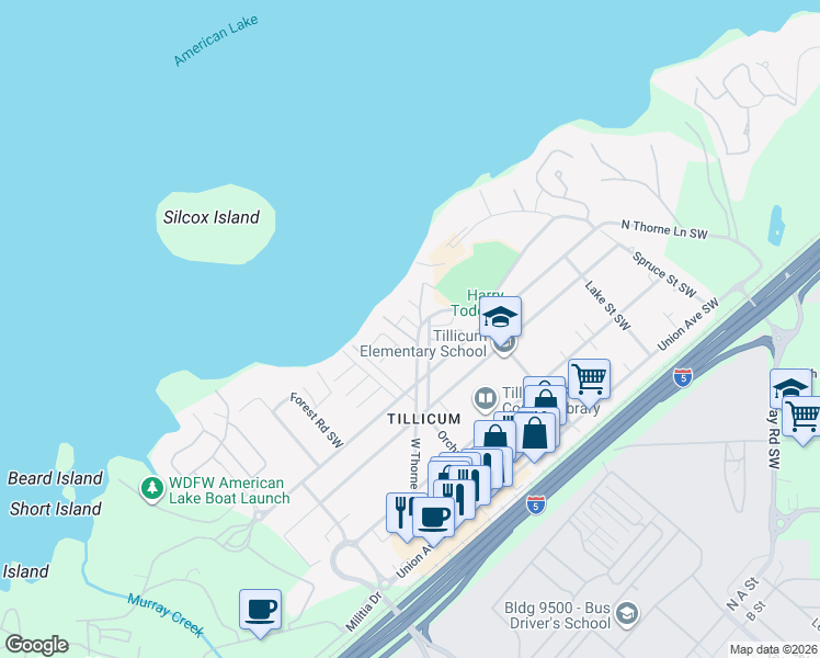 map of restaurants, bars, coffee shops, grocery stores, and more near 8807 Silcox Drive Southwest in Lakewood