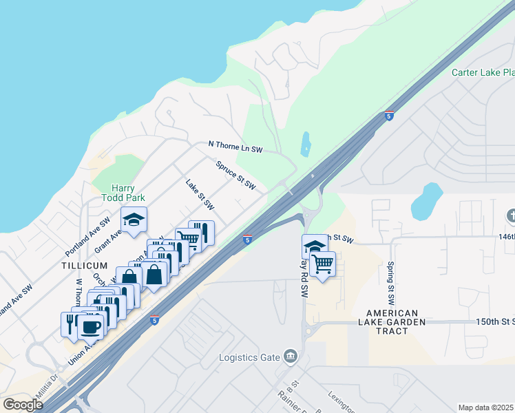 map of restaurants, bars, coffee shops, grocery stores, and more near 14413 Union Avenue Southwest in Lakewood