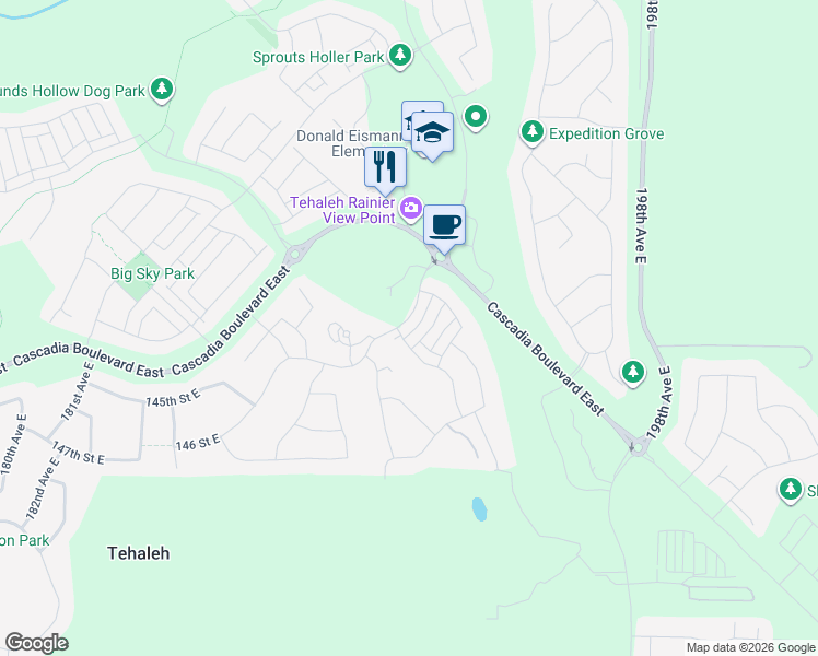 map of restaurants, bars, coffee shops, grocery stores, and more near 14218 Knoll Park Drive East in Bonney Lake