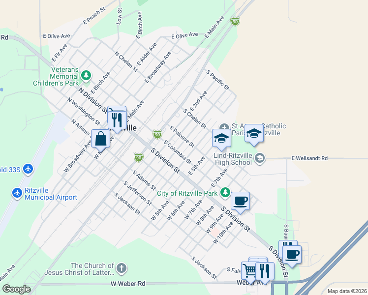 map of restaurants, bars, coffee shops, grocery stores, and more near 202 East 4th Avenue in Ritzville