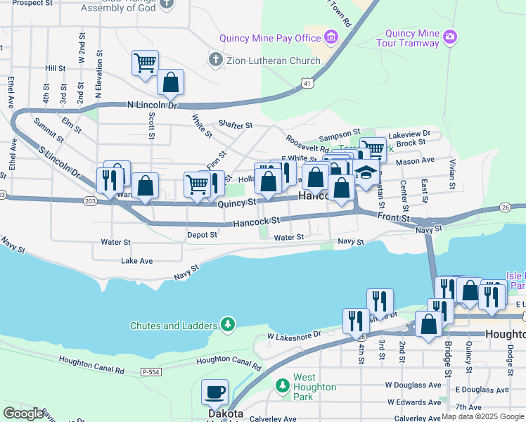 map of restaurants, bars, coffee shops, grocery stores, and more near North Montezuma Boulevard in Hancock